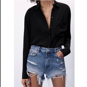 Zara Black Button Down 100% silk Shirt